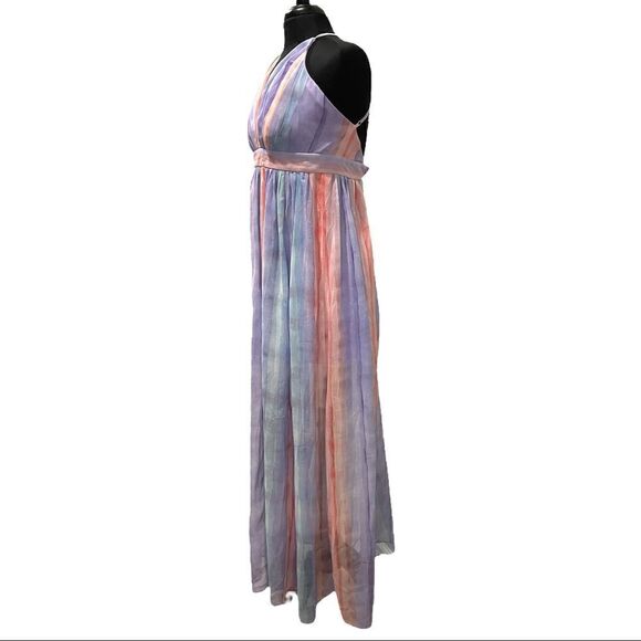 Ever After Pastel Watercolor Deep V-Neck Sheer Tulle Maxi Dress Sz S - Picture 5 of 16